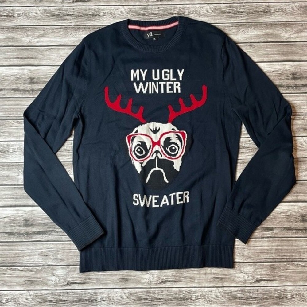 Men's Ugly Christmas Sweater Pug Antlers XL Navy Funny Holiday Pullover